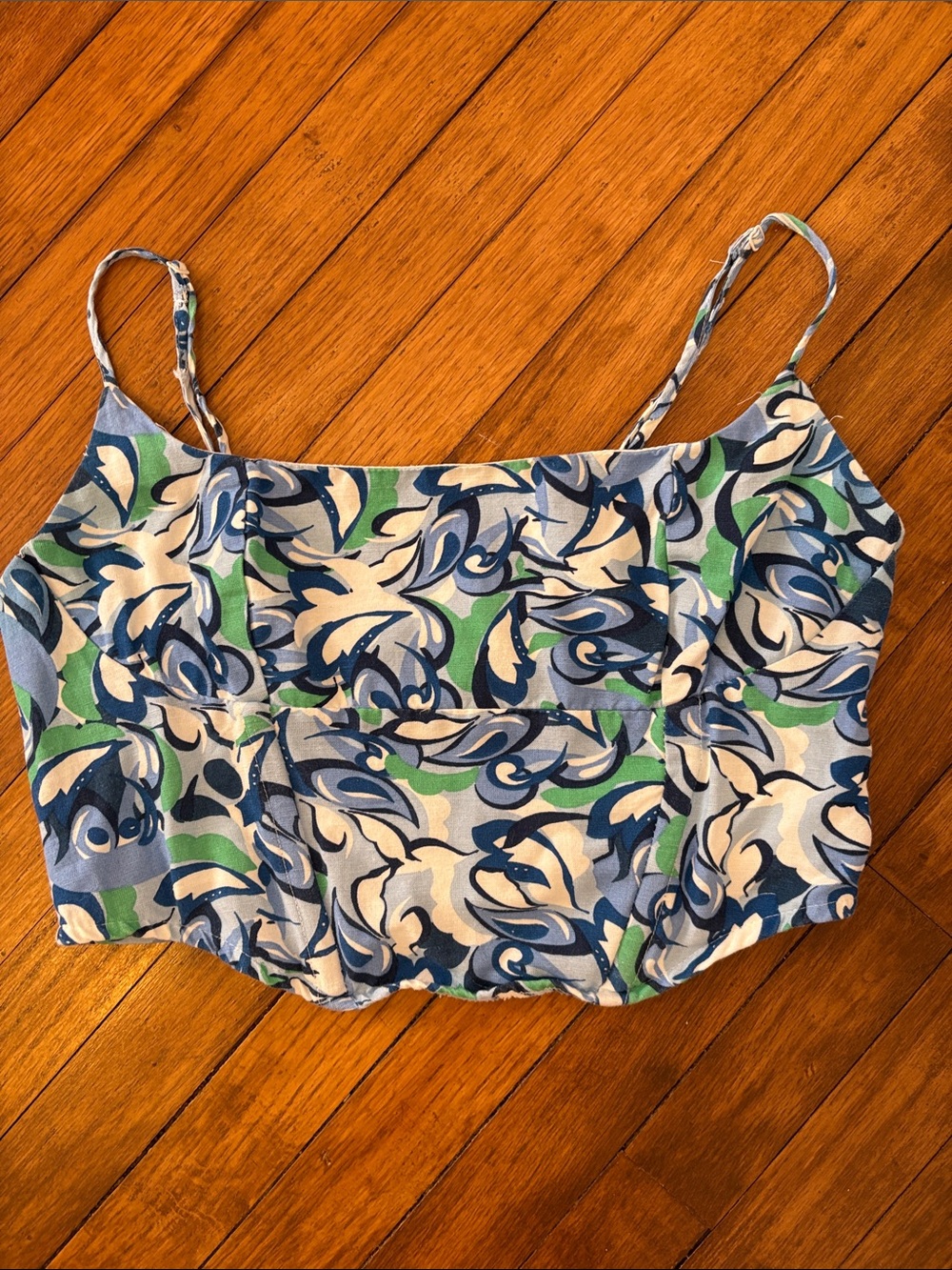Blue Green Floral Print Cropped Tank Top